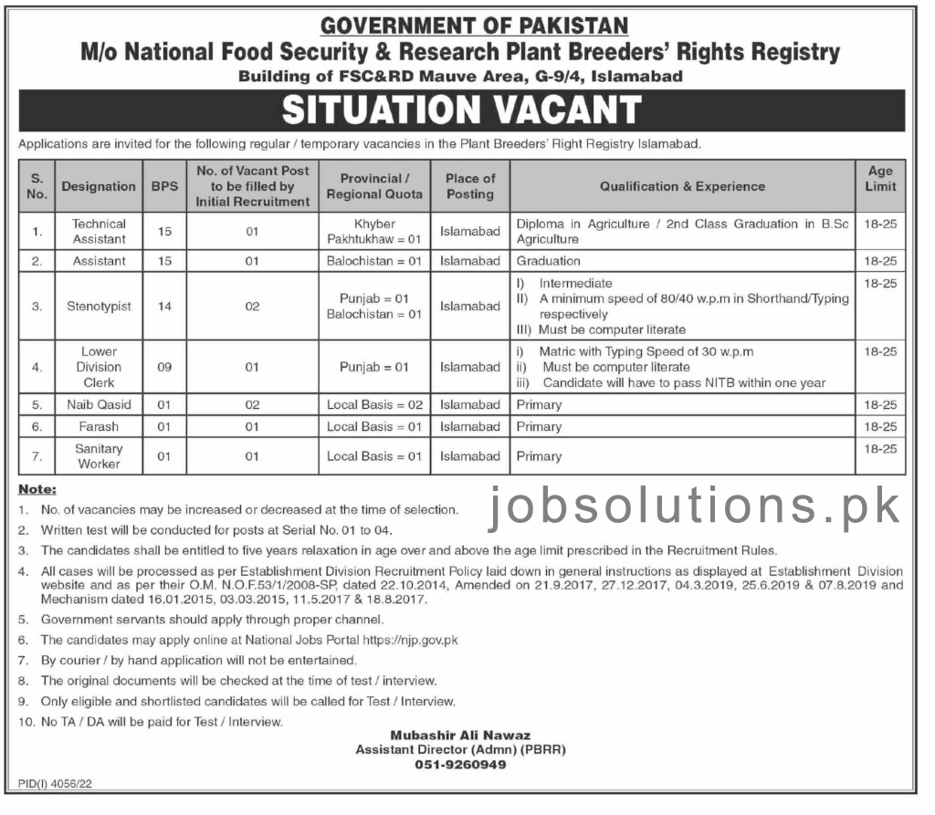 ministry-of-national-food-security-research-mnfsr-jobs-2023-in