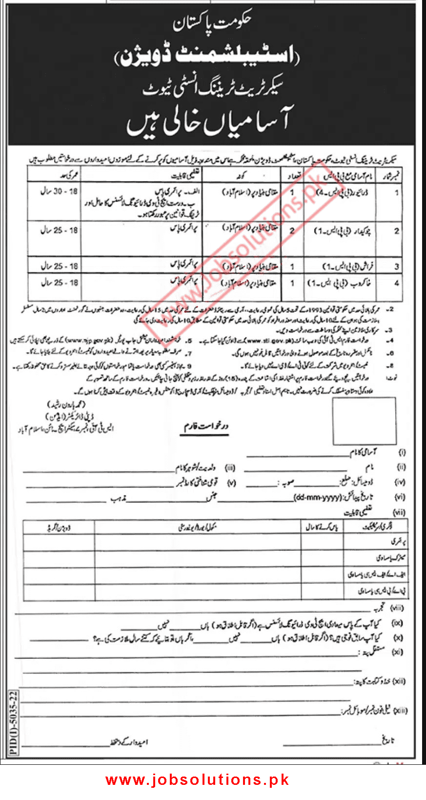 Pakistan Government Establishment Division Jobs 2023